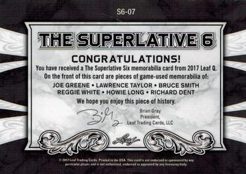2017 Leaf Q - The Superlative Six Memorabilia Blue #S6-07 Joe Greene / Lawrence Taylor / Bruce Smith / Reggie White / Howie Long / Richard Dent Back