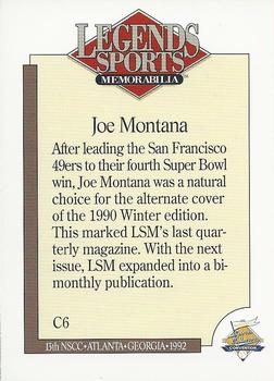 1992 Legends Sports Memorabilia National Sports Card Convention #C6 Joe Montana Back