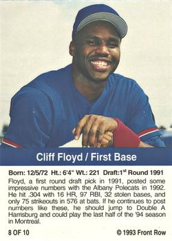 1993 Front Row Gold Collection #8 Cliff Floyd Back