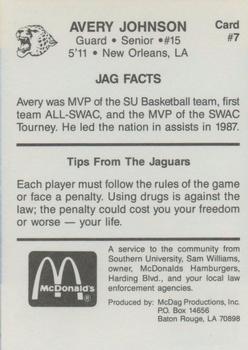1987-88 McDonald's Southern Jaguars #7 Avery Johnson Back