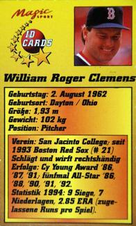 1995 Magic Sport ID Cards (German) #84 William Roger Clemens Back