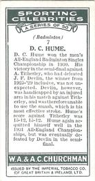 1931 Churchman's Sporting Celebrities #7 Donald Hume Back