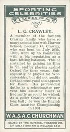 1931 Churchman's Sporting Celebrities #32 Leonard Crawley Back