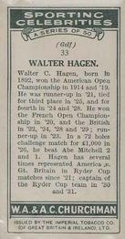 1931 Churchman's Sporting Celebrities #33 Walter Hagen Back