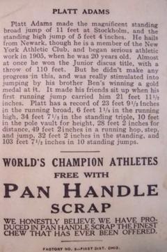1913 Pan Handle Scrap World's Champion Athletes (T230) #NNO Platt Adams Back
