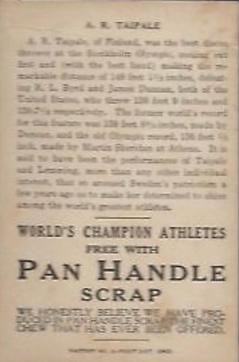 1913 Pan Handle Scrap World's Champion Athletes (T230) #NNO A.R. Taipale Back