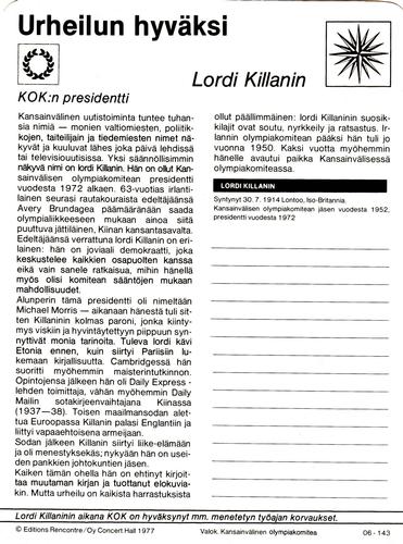 1977 Sportscaster Series 6 Finnish #06-143 Lord Killanin Back