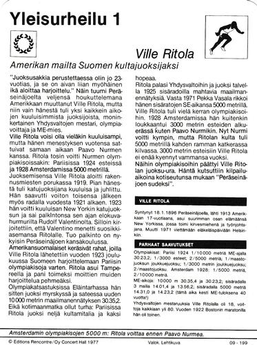 1977 Sportscaster Series 9 Finnish #09-199 Ville Ritola Back
