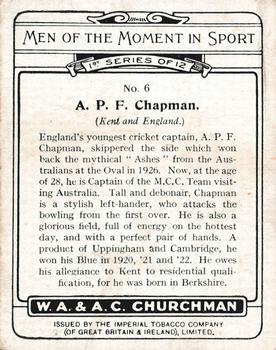 1929 Churchman's Men of the Moment in Sport (1st Series) #6 Percy Chapman Back