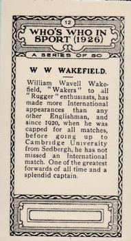 1927 British-American Tobacco Who's Who in Sports #12 W.W. Wakefield Back