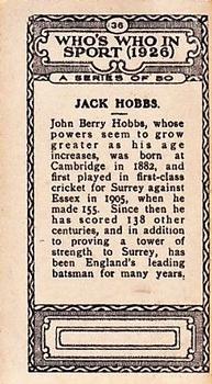 1927 British-American Tobacco Who's Who in Sports #36 Jack Hobbs Back