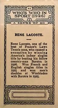 1927 British-American Tobacco Who's Who in Sports #42 Rene Lacoste Back