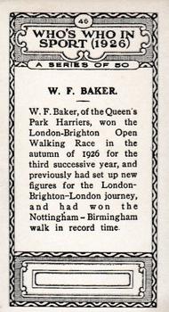 1927 British-American Tobacco Who's Who in Sports #46 W.F. Baker Back