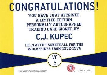2004 TK Legacy Michigan Wolverines - Varsity Club Autographs #VC5 C.J. Kupec Back
