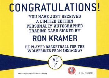 2004 TK Legacy Michigan Wolverines - Varsity Club Autographs #VC7 Ron Kramer Back