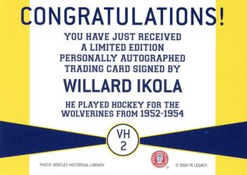 2004 TK Legacy Michigan Wolverines - Varsity Club Autographs #VH2 Willard Ikola Back