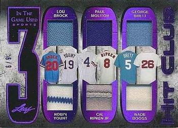 2018 Leaf In The Game Used Sports - 3000 Hit Club Relics Purple Prismatic #3HC-01 Lou Brock / Robin Yount / Paul Molitor / Cal Ripken Jr. / George Brett / Wade Boggs Front