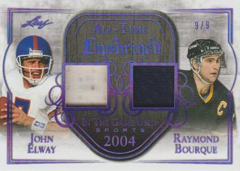 2018 Leaf In The Game Used Sports - All-Time Enshrined Relics Purple Prismatic #ATE-03 John Elway / Raymond Bourque Front