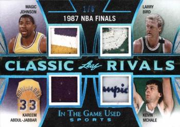 2018 Leaf In The Game Used Sports - Classic Rivals Relics Blue Prismatic #CR06 Magic Johnson / Kareem Abdul-Jabbar / Larry Bird / Kevin McHale Front