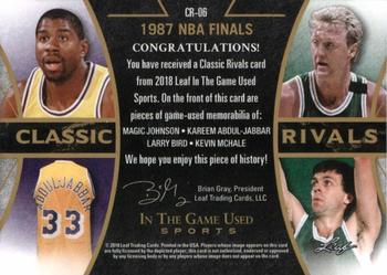 2018 Leaf In The Game Used Sports - Classic Rivals Relics Gold Prismatic #CR06 Magic Johnson / Kareem Abdul-Jabbar / Larry Bird / Kevin McHale Back