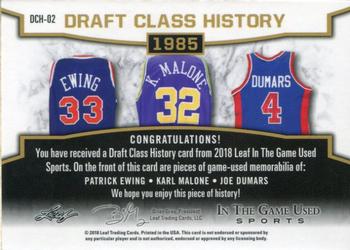 2018 Leaf In The Game Used Sports - Draft Class History Relics Purple Prismatic #DCH-02 Patrick Ewing / Karl Malone / Joe Dumars Back