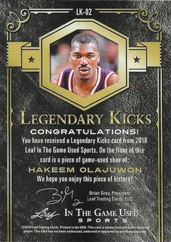 2018 Leaf In The Game Used Sports - Legendary Kicks Relics #LK02 Hakeem Olajuwon Back
