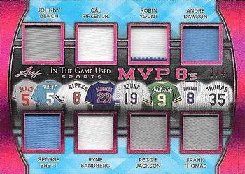 2018 Leaf In The Game Used Sports - MVP 8s Relics Magenta Prismatic #MVP8-01 Johnny Bench / George Brett / Cal Ripken Jr. / Ryne Sandberg / Robin Yount / Reggie Jackson / Andre Dawson / Frank Thomas Front