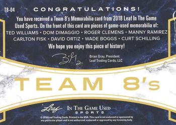 2018 Leaf In The Game Used Sports - Team 8’s Relics #T8-04 Ted Williams / Dom DiMaggio / Roger Clemens / Manny Ramirez / Carlton Fisk / David Ortiz / Wade Boggs / Curt Schilling Back