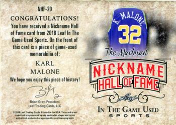 2018 Leaf In The Game Used Sports - The Nickname Hall of Fame Relics #NHF-20 Karl Malone Back