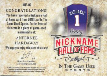 2018 Leaf In The Game Used Sports - The Nickname Hall of Fame Relics Red Prismatic #NHF-02 Anfernee Hardaway Back