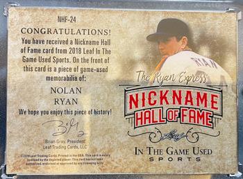 2018 Leaf In The Game Used Sports - The Nickname Hall of Fame Relics Silver Prismatic #NHF-24 Nolan Ryan Back