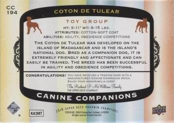 2018 Upper Deck Goodwin Champions - Canine Companions Manufactured Patch #CC194 Coton de Tulear Back