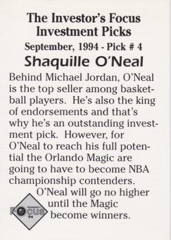 1994 Investor's Focus Investment Picks (unlicensed) #4 Shaquille O'Neal Back
