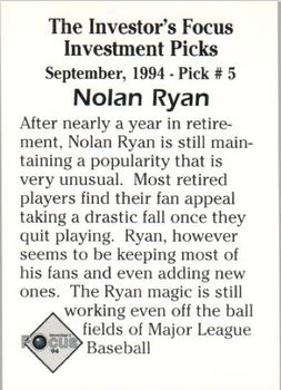 1994 Investor's Focus Investment Picks (unlicensed) #5 Nolan Ryan Back