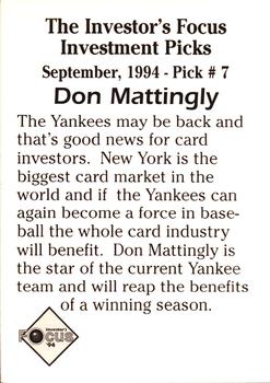 1994 Investor's Focus Investment Picks (unlicensed) #7 Don Mattingly Back