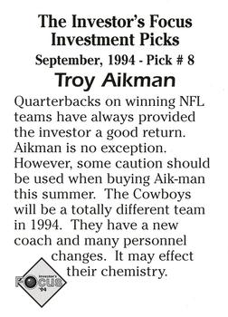 1994 Investor's Focus Investment Picks (unlicensed) #8 Troy Aikman Back