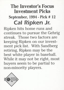 1994 Investor's Focus Investment Picks (unlicensed) #12 Cal Ripken Jr. Back