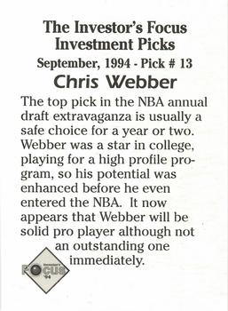 1994 Investor's Focus Investment Picks (unlicensed) #13 Chris Webber Back
