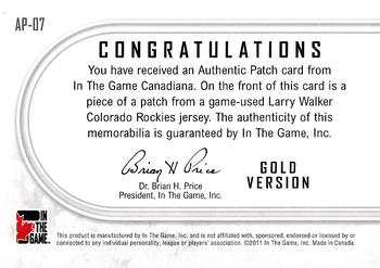 2011 In The Game Canadiana - Authentic Patch Gold #AP7 Larry Walker Back