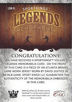 2018 Sportkings - Legends Memorabilia #LSM-9 David Justice Back