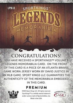 2018 Sportkings - Legends Premium Memorabilia #LPM-8 David Justice Back