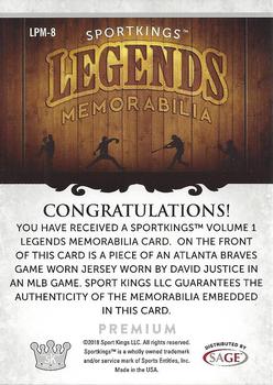 2018 Sportkings - Legends Premium Memorabilia Silver #LPM-8 David Justice Back