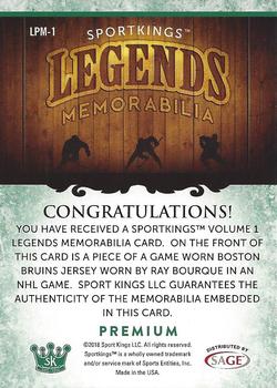 2018 Sportkings - Legends Premium Memorabilia Emerald #LPM-1 Ray Bourque Back