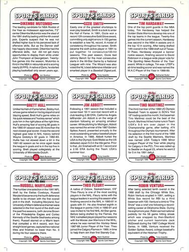 1991 Allan Kaye's Sports Cards News Magazine - Panels Standard-Sized 1992 #19 - 27 Dikembe Mutombo / Ozzie Smith / Tim Hardaway / Brett Hull / Jim Abbott / Tino Martinez / Russell Maryland / Theo Fleury / Robin Ventura Back