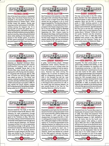 1991 Allan Kaye's Sports Cards News Magazine - Panels Standard-Sized 1992 #46 - 54 Patrick Ewing / Royce Clayton / Barry Sanders / Derek Bell / Jeremy Roenick / Ken Griffey, Jr. / Pat Kelly / Emmitt Smith / Fred McGriff Back