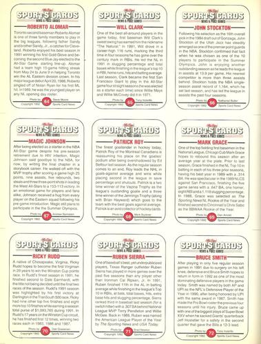 1991 Allan Kaye's Sports Cards News Magazine - Panels Standard-Sized 1992 #64 - 72 Roberto Alomar / Will Clark / John Stockton / Magic Johnson / Patrick Roy / Mark Grace / Ricky Rudd / Ruben Sierra / Bruce Smith Back