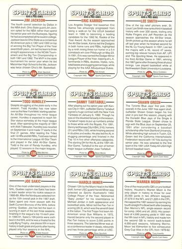 1991 Allan Kaye's Sports Cards News Magazine - Panels Standard-Sized 1992 #127 - 135 Jim Jackson / Eric Karros / Lee Smith / Todd Hundley / Danny Tartabull / Shawn Green / Joe Sakic / Harold Miner / Warren Moon Back