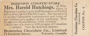 1924-25 Dominion Chocolate Athletic Stars (V31) #6 Mrs. Harold Hutchings Back