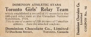1924-25 Dominion Chocolate Athletic Stars (V31) #16 World's Champion Ladies' Relay Team Back