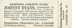 1924-25 Dominion Chocolate Athletic Stars (V31) #21 Johnny Evans Back